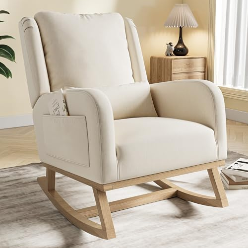 FUCMKON Gungstol, loungestol med fickor, amningsstol med kudde, för vardagsrum, sovrum, linne (beige A, 68 x 93 x 96 cm)