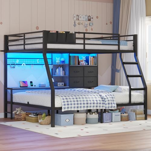 BTHFST Full Over Full Bunk Beds with 4 Storage Drawers & Shelves & Bedside Caddy, Bunk Bed with Charging Station & LED Lights, Full Size Bunk Bed with Safety Guardrail & Angled Ladder, Black & Grey