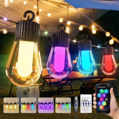 Traumheim 15 m LED-ljuskedja utomhus, färgglad ström 20 RGB S14 glödlampa, smart app med 99 lägen och timer, för utomhus, vattentät terrass, bakgård, fest, bröllop, trädgård, balkong (USB)