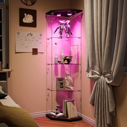BRILVERDE Eckvitrine aus Glas mit LED-Lichtern, Tür mit Schloss, Vitrine für Sammlungen, Bücher, Weine, Büro und Wohnzimmer (4 schwarze Regale, 162 cm)