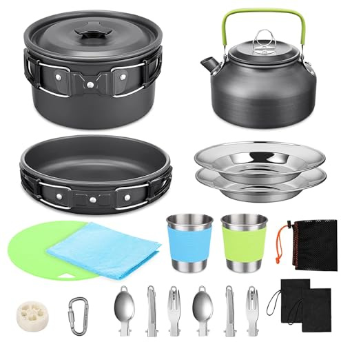 Aomiun 22PCS Camping Cookware Set, Portable Outdoor Cooking Pot with Teapot Nonstick Lightweight Picnic Gear, for 2 3 Person Hiking Backpacking