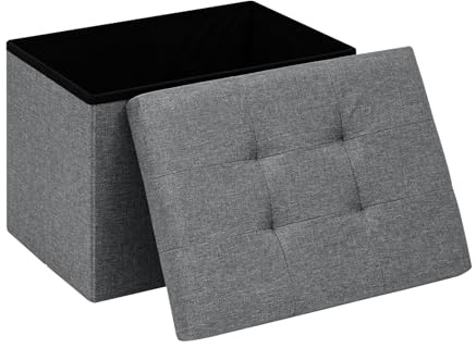 PINPLUS Sitzhocker mit Stauraum – Faltbarer Hocker aus Leinen mit 4 versteckten Knöpfen, gepolsterter Fußhocker & Aufbewahrungsbox für Wohnzimmer, Schlafzimmer, Flur, 42x32x32 cm, Grau