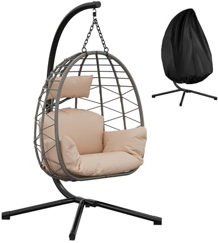 Heavy Duty Hanging Egg Chair with Stand, PE Rattan Hammock Swing, 150kg Capacity, Cushions & Weatherproof Oxford Cover, Indoor & Outdoor Ergonomic Lounge for Garden, Patio, Balcony, Beige
