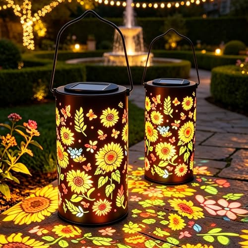 Lanterna Solare da Esterno,2 Pezzi Girasole Decorativo da Giardino Appeso,Colorful Sunflower Glow Solar Garden Lantern,Impermeabile Metallo Lampada Solare da Giardino,per Esterni,Terrazzo,Balcone