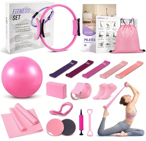 Bundviel Pilates Set für Zuhause, Pilates Ball,Pilates Ring, Widerstandsbänder, Fitnessbänder, Resistance Bands & Ring, Gleitscheiben, für das Fitnessstudio zu Hause, Workout, Training