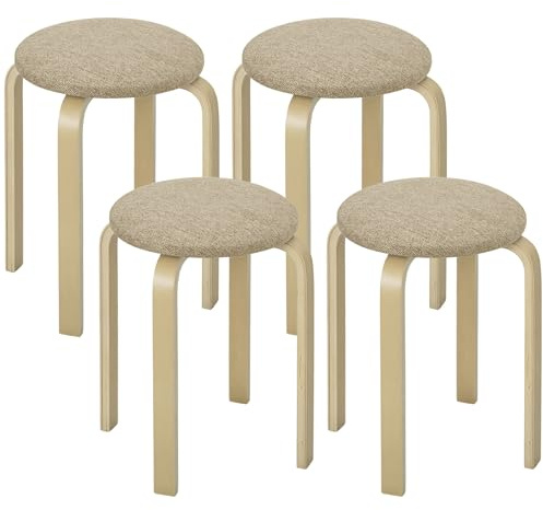 HOMCOM Esszimmerhocker 4er Set Stapelhocker für Esszimmer Khaki | Aus Birkensperrholz, Hocker mit Leinenoptik, Küchenhocker, Polsterhocker, Wohnzimmer