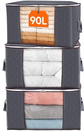 Lifewit 95L Clothes Storage Bags Large Storage Box With Lid Packing Boxes for Moving House With Reinforced Handle Thick Fabric Clear Window for Clothes Duvet Blankets Bedding, 3 Pack, Grey