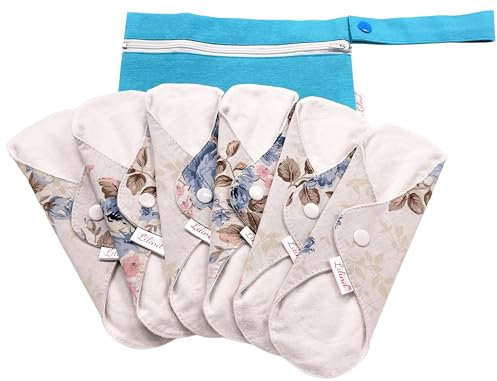 Lilind® Bio-Stoff-Pads, 24 cm regulär, 6 Stück, Starter-Set mit gratis Reißverschlussbeutel, wiederverwendbar, wasserdicht, Menstruationsbinden, 100 % Baumwolle, blaue Rosen