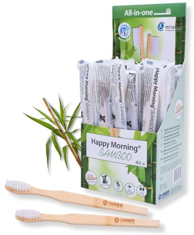 miradent Happy Morning® Bamboo Reisezahnbürste Gästezahnbürste | 40 Stück | hygienisch einzeln verpackt | 100% biologisch abbaubar inkl. Folie | Borsten mit xylithaltiger Zahnpasta imprägniert