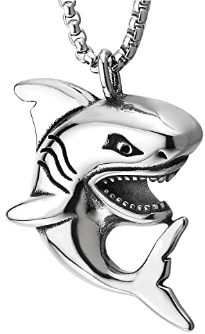 COOLSTEELANDBEYOND Squalo Ciondolo, Collana con Pendente da Uomo Donna, Acciaio Inossidabile, Catena del Grano 75CM