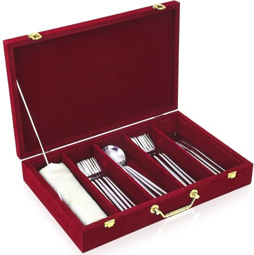 Pickmesh Velvet Silverware Storage Box Flatware Utensil Organizer with Lid and Handle, 4 Dividers Cutlery Chest Container Tableware Storage Holder for Kitchen Spoon Fork Knives Organizing(Burgundy)