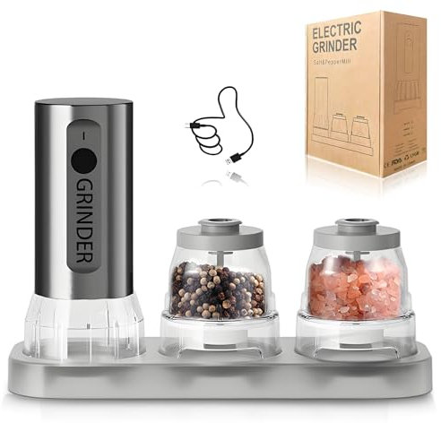 DINYOAN Elektrisches Salz und pfeffermühle Set Edelstahl, Gewürzmühle Elektrisch mit Keramik-Mahlwerk•LED•Doppelmühlen Design•1000mAh Akku 4h •38dB• USB-C, Elektrischer Salz und Pfefferstreuer