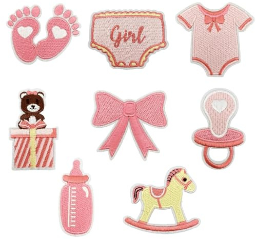 8PCS Baby Girl Iron on Patches, Blue Cartoon Infant Pacifier Bottle Embroidered Patches for Clothes, Custom Gift Footprint Applique for Backpacks,Jeans,Clothes,Dresses,Hats,Jackets,Clothes DIY Craft
