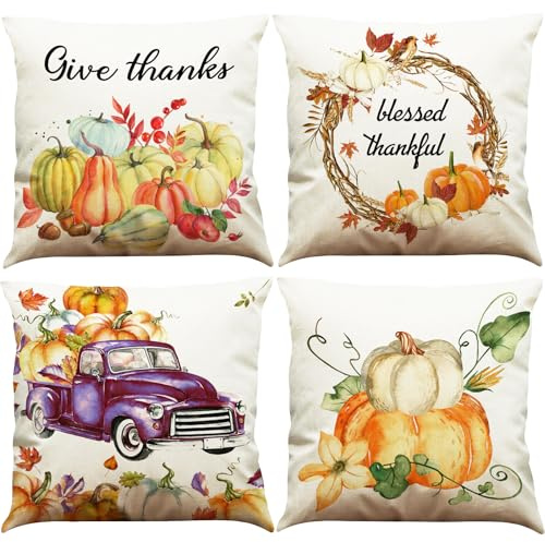 BINXWA Kissenbezug Herbst, herbstdeko Kissen 45x45 4er Set, kürbis deko Kissen Baumwolle Leinen Kissenbezug, für Wohnzimmer Sofa Garten Thanksgiving deko