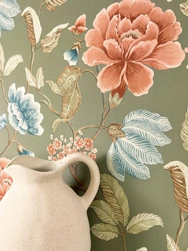 Newroom Papier Peint Intissé Vinyle Vert Fleurs Roses - Romantique Floral 3D Salon Chambre