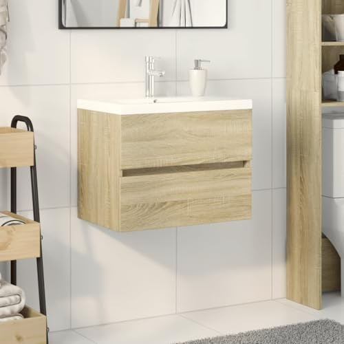 BARULUOAKLIFE Mobile Lavabo Bagno con Piano Ceramica, Mobile Sospeso Bagno Rovere Sonoma 60cm, con Cassetti Ampio Spazio, Lavello Ceramica Bianco 61cm,