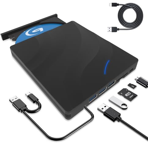 Lefunpets Lecteur Blu-Ray Externe 8 en 1, Lecteur Blu-Ray Portable USB 3.0 Type-C, Lecteur Optique Blu-Ray CD DVD 3D Portable pour Ordinateur Portable, PC de Bureau Windows 11 10