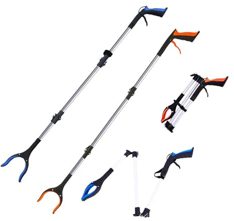 Fortspang grepptång för seniorer, 2 stycken med magnet | 360° vridbart huvud, 110 cm vikbart | gripstöd för trädgårdsarbete (orange blå)