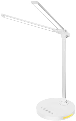 Qualore Schreibtischlampe, Schreibtischlampe LED 15W mit Doppelarm, Nachtlicht, 5 Helligkeitsstufen und 5 Farb, USB Anschluss, Auto Timer, Touchpanel Nachttischlampe für Kinder Mädchen (Silver)