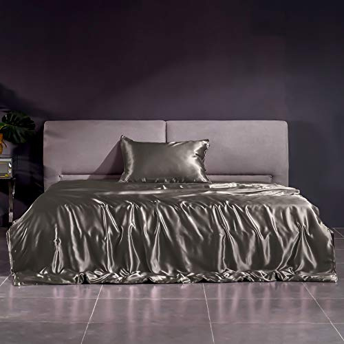 THXSILK 22 Momme Seidenbettwäsche Set 2 teilig, Bettbezug 135 x 200 cm und Kissenbezüge 40 x 80 cm, Hypoallergen Maulbeerseide Bettbezug Set, Ultra Weich und Glatt, DunkelGrau