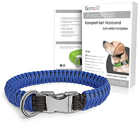 Ganzoo Paracord 550 Hunde-Halsband Bastelset zum Selbstknüpfen blau, DIY Set bis ca. 65 cm Halsumfang mit 2 Schnüren, 2 Metall-Klickverschlüssen 1 Zoll, Stahl D-Ring 40 mm, Maßband, Online-Anleitung