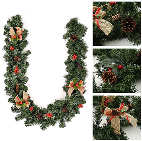 teyiwei Weihnachtsgirlande, künstlicher Kranz mit Schleife, rote Beeren, Tannenzapfen, Weihnachtsgirlanden, geeignet Kamin, Bar, Tops, Treppe, Tür, 1,8 m