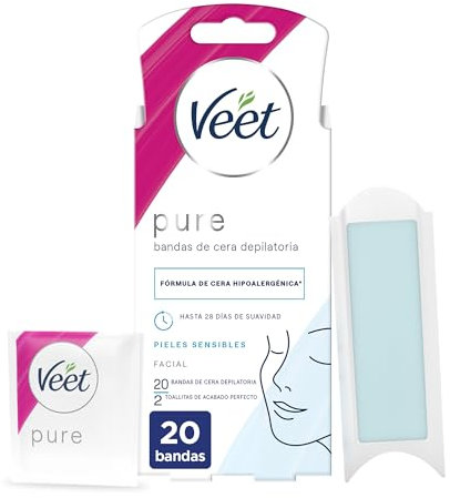 Veet Pure Cold Wax Strips for Facial Hair Removal Suitable for Upper Lips (Bigotte), Hypoallergenic Wax Formula for Sensitive Skin, 20 Strips