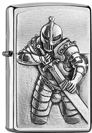 Zippo - Briquet tempête, emblème Chevalier de Fantasy, Chrome brossé, Rechargeable, réutilisable, à Essence, Coupe-Vent, boîte Cadeau, fabriqué aux États-Unis