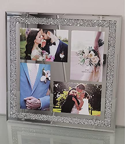 CAPRISTAR Wall Hanging Multi Aperture 4 Picture Photo Frame 6”x4” Hold 4 Picture Silver Mirrored Crushed Jewel Crystal Diamante (34cmx34cm)