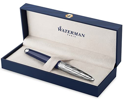 Waterman Carène Fountain Pen, Metal & Blue Lacquer, Chiselled Cap, 18K Gold Fine Nib, Blue Ink, Gift Box