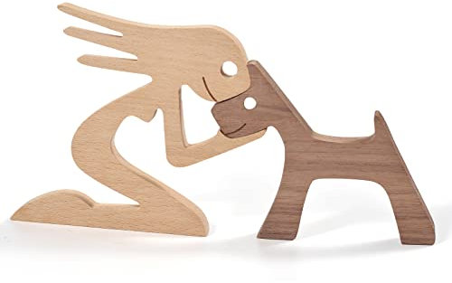 Pipihome Familie Welpe Katze Holz Schnitzerei Ornamente, natürliches Massivholz Niedlich Welpen, Kätzchen und Menschen Handwerk Statue Skulptur Ornament Home Decor (Frau Küssen Welpen)