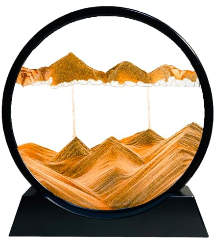 SANDCLE Moving Sand Art Picture in Motion, 3D Deep Sea Sandscape, Round Glass Frame Display Painting, Relaxing Decor for Office Desktop Home (Yellow, 12)
