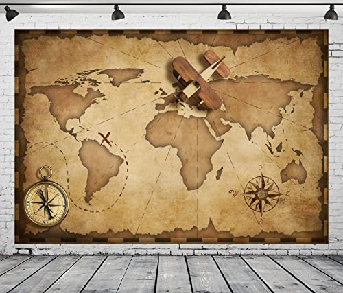 CORFOTO 9x6ft Stoff-Hintergrund mit Vintage-Weltkarte, Flugzeug, Kompass, Schatzkarte, Party-Dekorationen, Navigation, Reisen, Motto-Geburtstagsfeier, Dekoration, Babyparty, Kinder, Porträt
