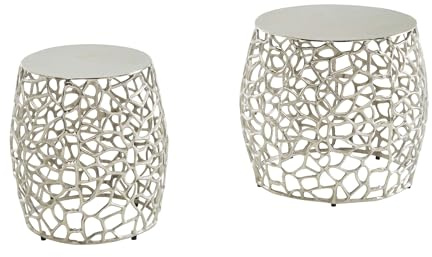 FineBuy Beistelltisch 2er Set Aluminium Silber, Satztisch Rund | Couchtisch Set mit Ast-Struktur, Tische einzeln oder zusammen nutzbar, Wohnzimmertische handgefertigt, Metall