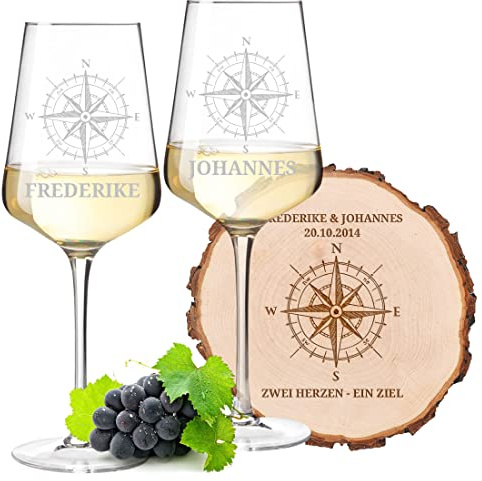 polar-effekt 2X Leonardo Puccini Weingläser Weinkelch Glas 560 ml + Baumscheibe aus Erle mit personalisierter Gravur - Motiv Kompass - Hochzeitsgeschenk - Paare, Ehepaare - Liebe, Romantik - Present