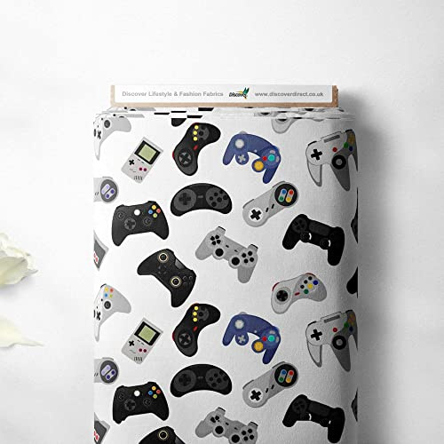 100% Cotton Gaming Controller Console Novelty Printed Design Quilting Kids Craft Dress Quality Sewing Premium Fabric Material | 55 - 140 cm Wide (per Metre, White)