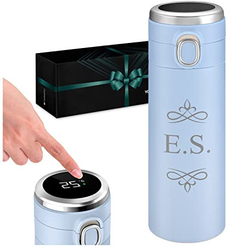 Maverton Blue Travel Mug with Engraving, LED Temperature Display, Initials | for Women, Personalised Coffee Cup Travel Mug, 400 ml Vacuum Insulated Flask, Insulated Tumbler Cup for Birthday