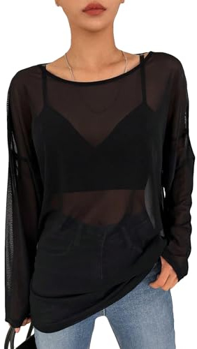GORGLITTER Women's Mesh Tops Sheer See Through Long Sleeve Boat Neck T Shirts Cover Up Sexy Spring Outfits 2026 Black Medium