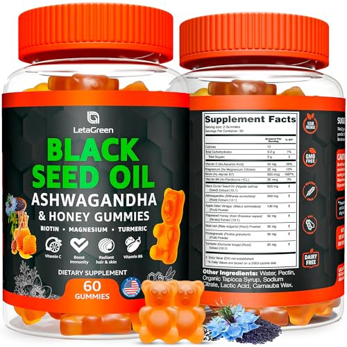 LetaGreen Black Seed Oil Gummies 500mg with Ashwagandha & Apple Cider Vinegar - Immune & Wellness Support Supplement with Vitamin C, Biotin, Turmeric - 60 Organic Gummy Bears for Hair & Skin