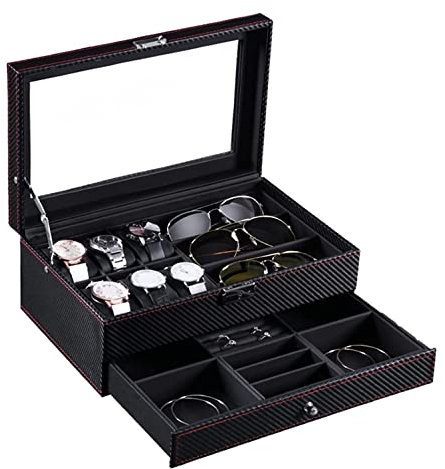 AMYSTY Uhrenkoffer Uhrenrolle Uhrenbox Uhrenschatulle Uhren-Organizer Aus Kohlefaser, PU-Leder, 2 Schichten, 6 Schlitze, 3 Gitter, Brillenhalter, Aufbewahrungsbox Uhrenetui Uhren Aufbewahrungsbox