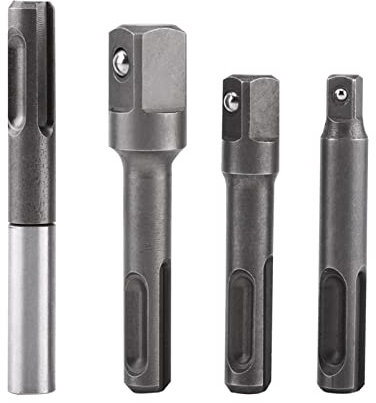KOSDFOGE 4Pcs Set Bit Holder Drill, SDS Plus Shank to 1/4 Hex Socket Adaptor and 1/43/81/2 Square Drill Bit Extension Connector