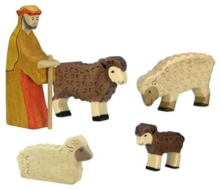 Holzspielzeug Peitz Hirte mit Schafherde | 5-teiliges Krippenfiguren Set | Holztiger | Weihnachtskrippen Zubehör