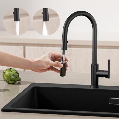 CECIPA Rubinetto Cucina Nero, Miscelatore Cucina Estraibile con Getto Due Tipi Getto D'acqua, Miscelatore per Lavello in Acciaio Inox Orientabile a 360°