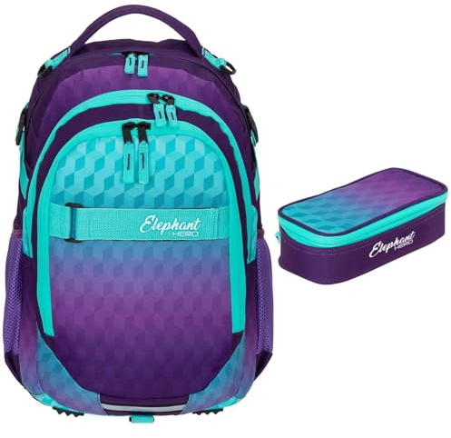 Elephant 2tlg. Set Schulrucksack Hero + Mäppchen 12868 Violet Cube rm | Mädchen Lila Türkis Rucksackset Mäppchenbox 2Teile Schule Rucksack mit Stifteetui