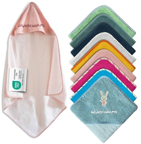 my STITCHERY Kapuzenhandtuch Baby mit Namen Bestickt, Oeko-TEX® Standard 100 - Personalisiertes Babyhandtuch mit Kapuze aus Reiner Baumwolle mit gesticktem Namen und Motiv (Rosa, 100 x 100 cm)