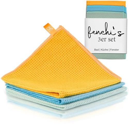 fenchi's AUSTRIA AquaSorb Waffeltuch, Mikrofaser Trockentuch, Premium (3 Stück, 40x40 cm) superweiche Qualität für Glas, Küche, Geschirr, Bad, Auto (Yellow/Blue/Mint)