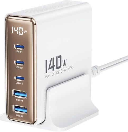 toocki Ladegerät USB C 140 W 5 Ports GaN USBC Schnell – LED-Display, PD 3.0 & QC 3.0 – Universal-Steckdose für MacBook Pro/iPhone 16/Tablet/Reise, Weiß