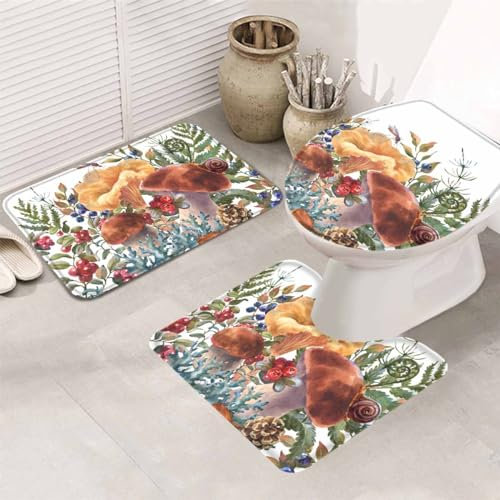 Alfombra De Baño De 3 Piezas Fall Retro Watercolor Pine Cone Mushroom Leaves Juego De Alfombrillas De Baño Cómoda Moda Alfombras De Cama, para Baño, Cocina, Dormitorio