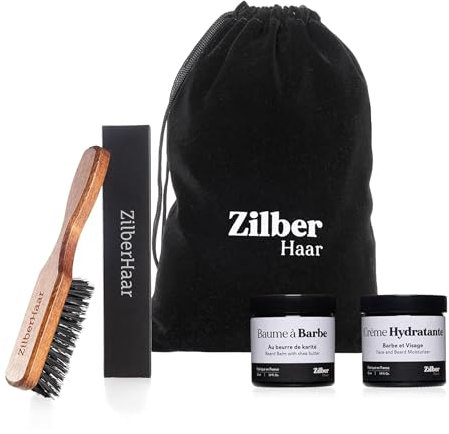 ZilberHaar - Bartpflege-Set für Männer - 1 Bartbürste Regular + 1 Bartbalsam + 1 Feuchtigkeitscreme - Harte Wildschweinborsten - Samtbeutel