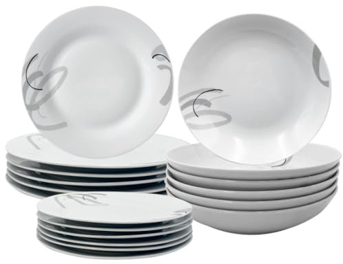 Paluplus Servizio di Piatti ROTONDI per 6 Persone 7076, 18 Piatti in Porcellana color Bianco con Foglie, Set composto da Piatto Fondo Diam.20,5cm, Piatto Piano Diam.24cm e Piattino Dessert Diam.19cm